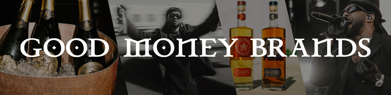 Banner - showing four images split diagonally. Left image shows Le Bon Argent Champagne in ice buckets, 2nd image shows Ty Dolla holding the champagne, third image is of the Good Money whisky collection, and the final image is of Ty Dolla singing into a microphone.